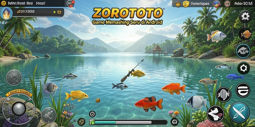 Tampilan gameplay ZOROTOTO yang menampilkan momen menangkap ikan.